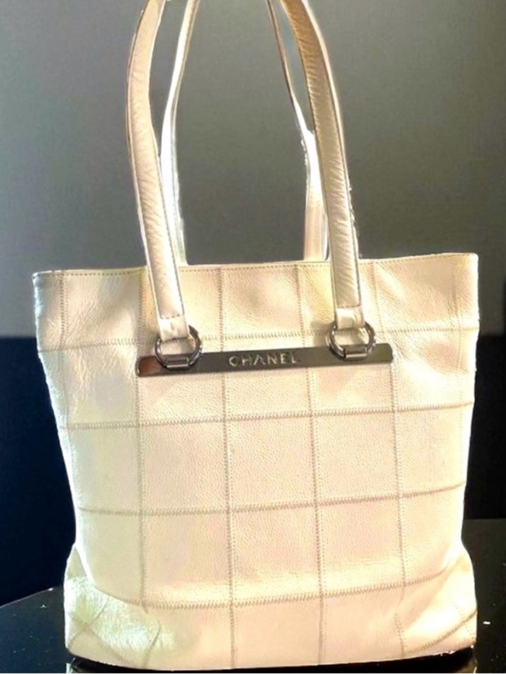 Authentic Chanel White Quilted Large Tote Bag with Top Handles Silver hardware - Picture 2 of 14
